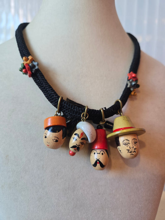 1930s Miriam Haskell Wood Face Necklace