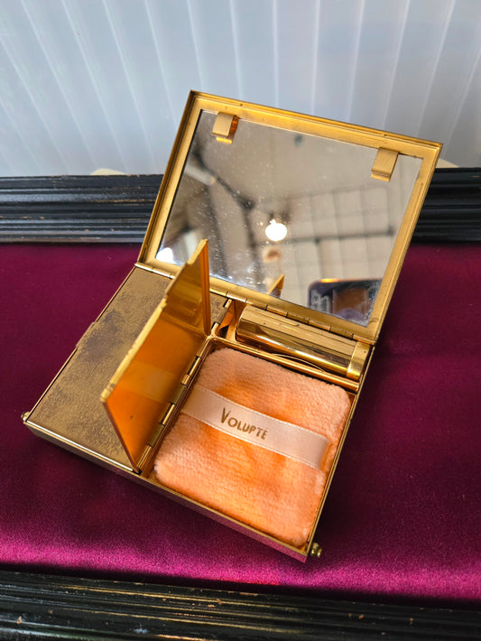 1940s Volupte Patterned Brass Compact Purse