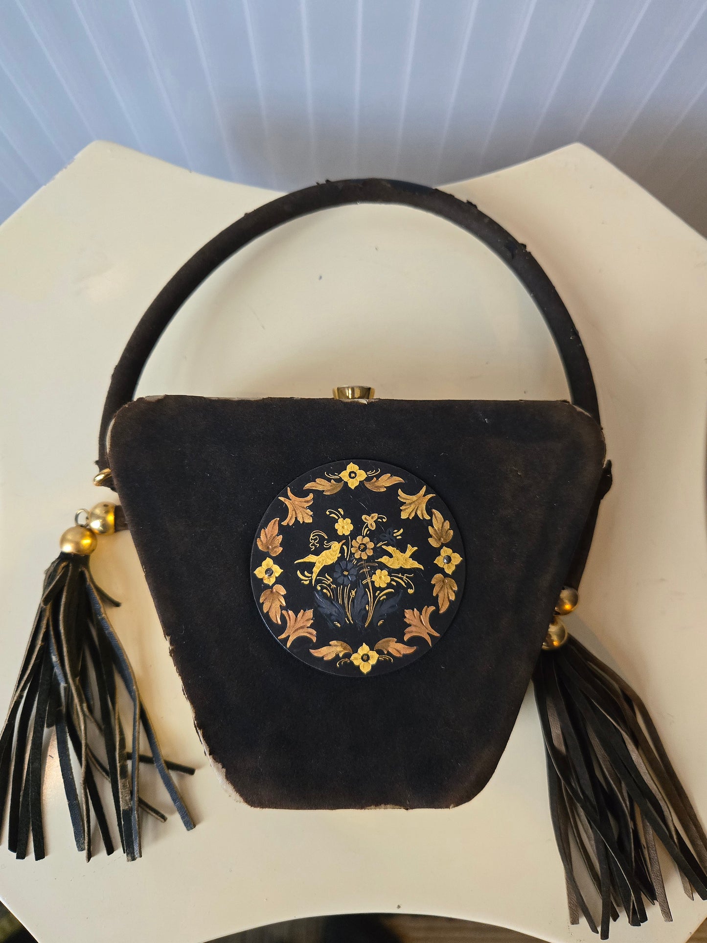 1930s Black Velvet Brass Compact Purse with tassels