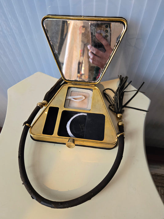 1930s Black Velvet Brass Compact Purse with tassels