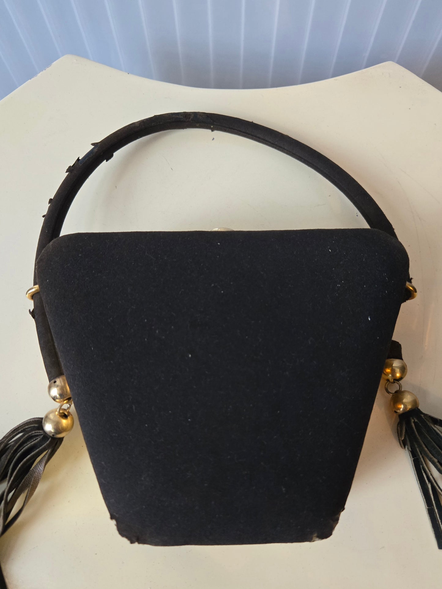 1930s Black Velvet Brass Compact Purse with tassels