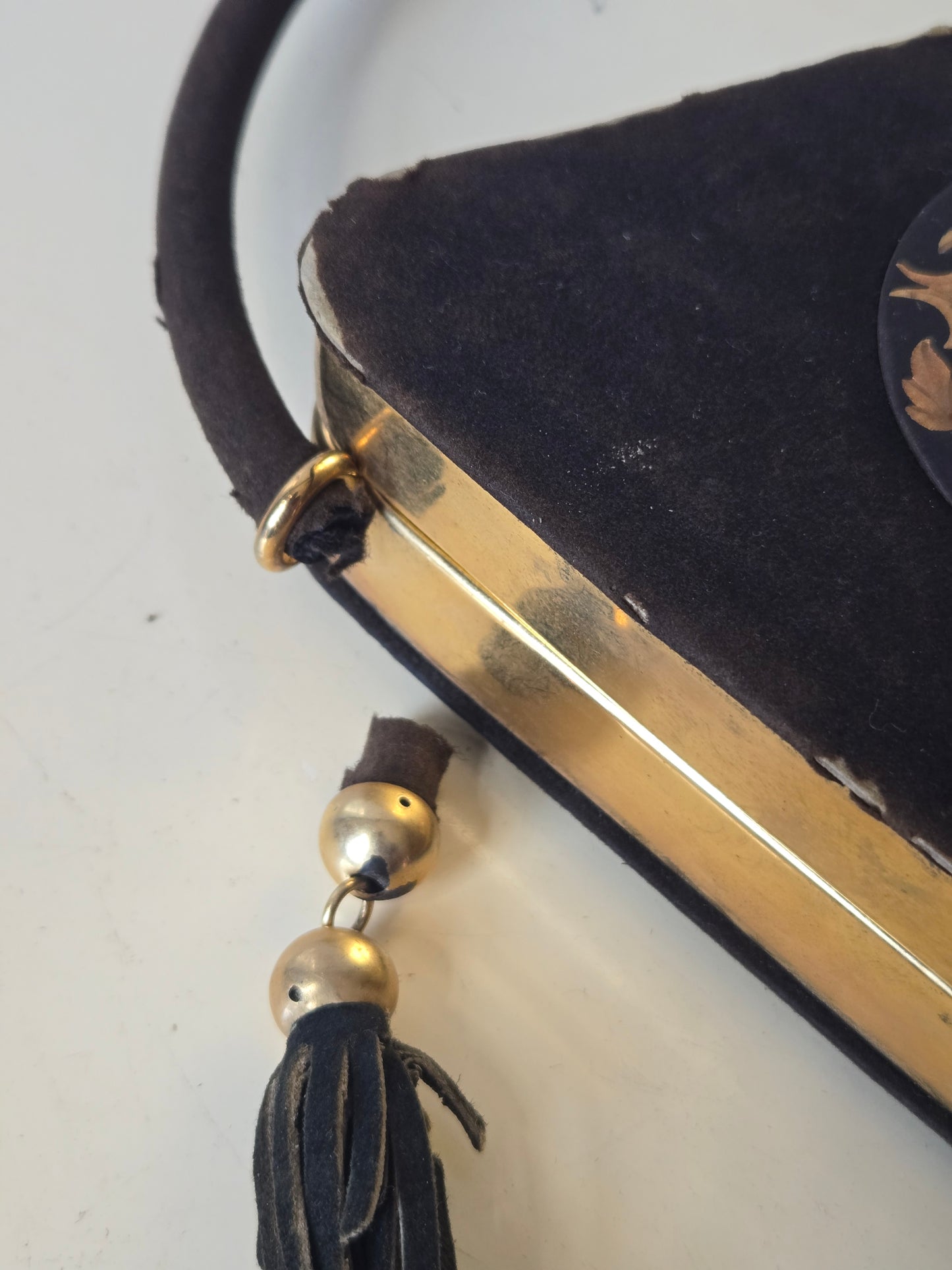 1930s Black Velvet Brass Compact Purse with tassels