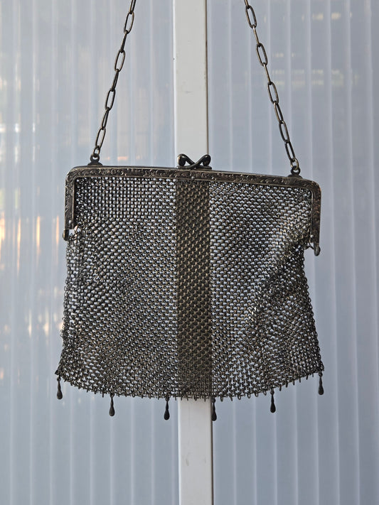 1920s German Silver Floral Chainmail Flapper Purse
