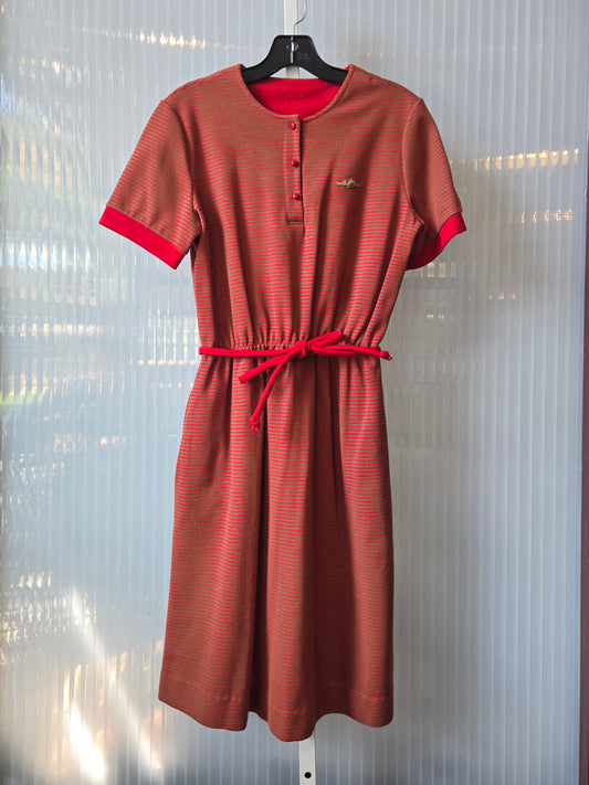 1970s Red Taupe Stripe Polo Dress