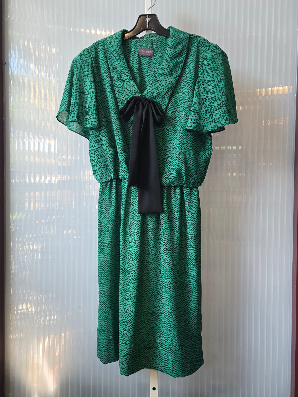 1980s Green Black Pussybow Blouson Dress