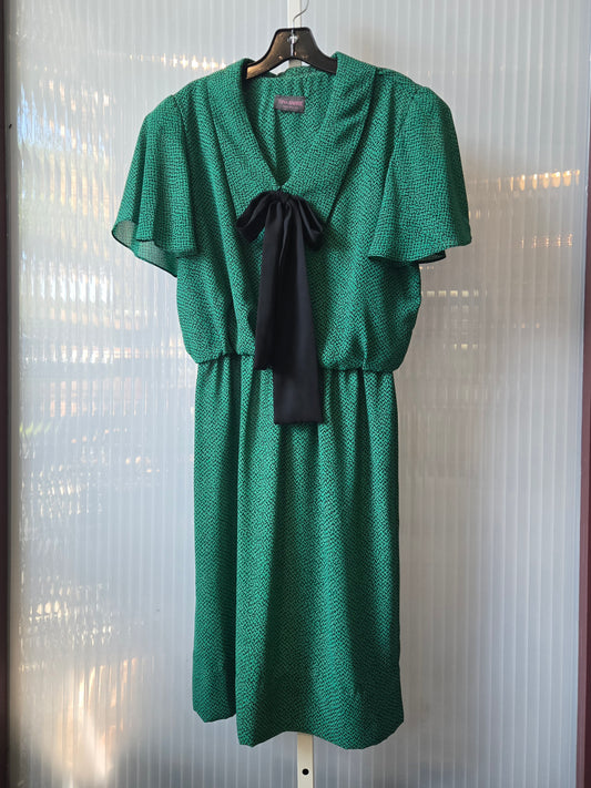 1980s Green Black Pussybow Blouson Dress
