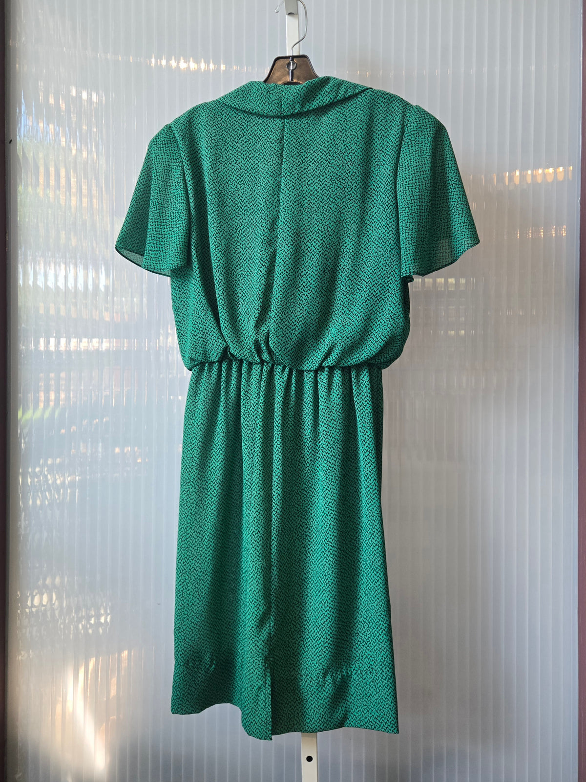 1980s Green Black Pussybow Blouson Dress