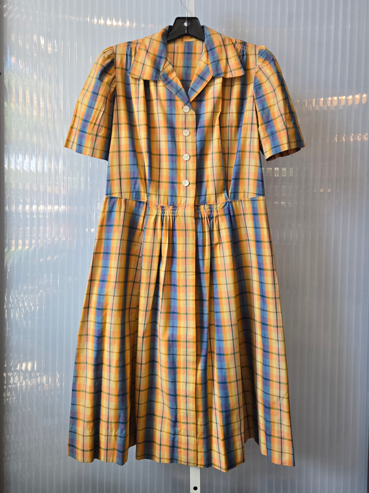 1960s Orange Blue Yellow Plaid Shirtwaist Dress