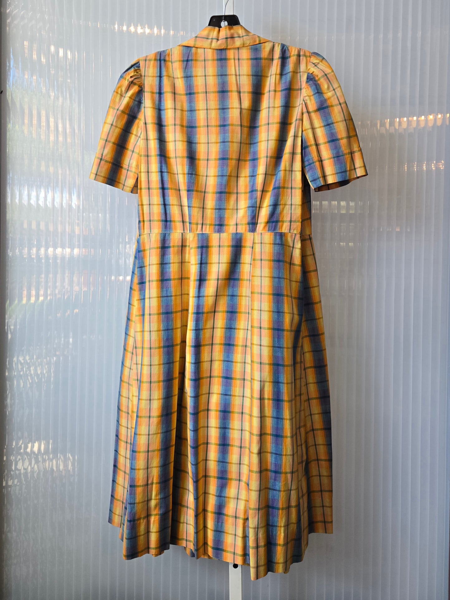 1960s Orange Blue Yellow Plaid Shirtwaist Dress
