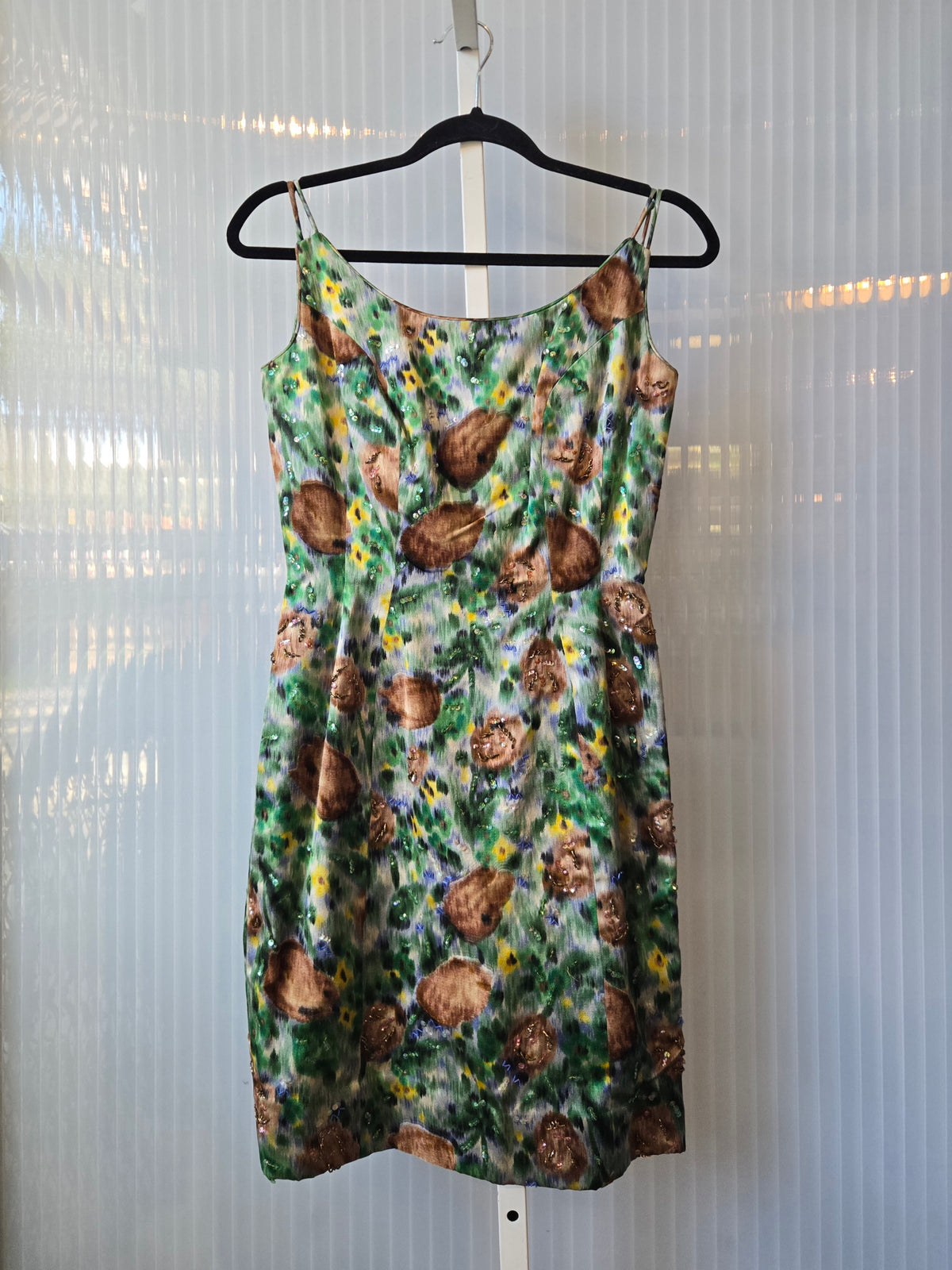 1960s Blue Green Watercolor Silk Midi Dress