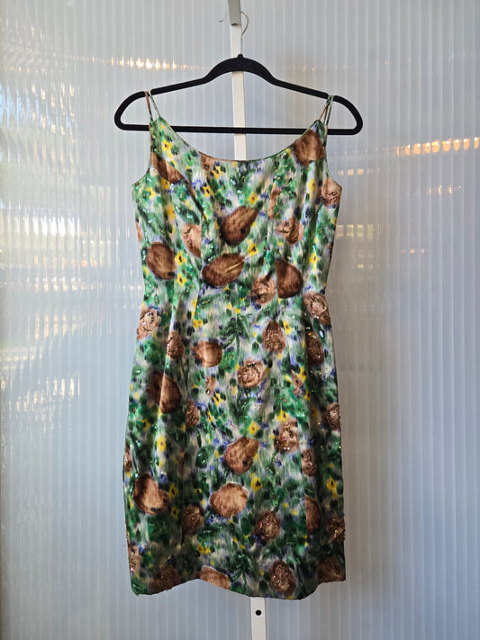 1960s Blue Green Watercolor Silk Midi Dress