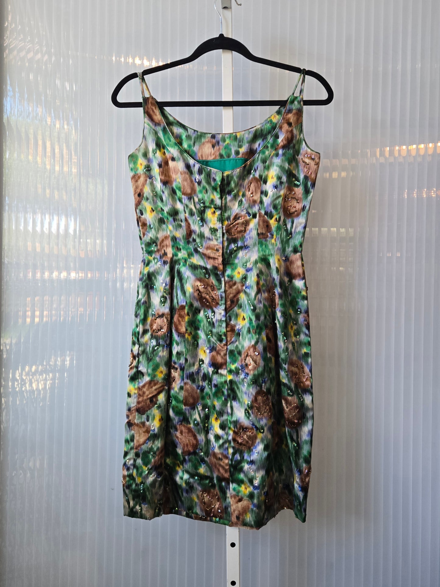 1960s Blue Green Watercolor Silk Midi Dress