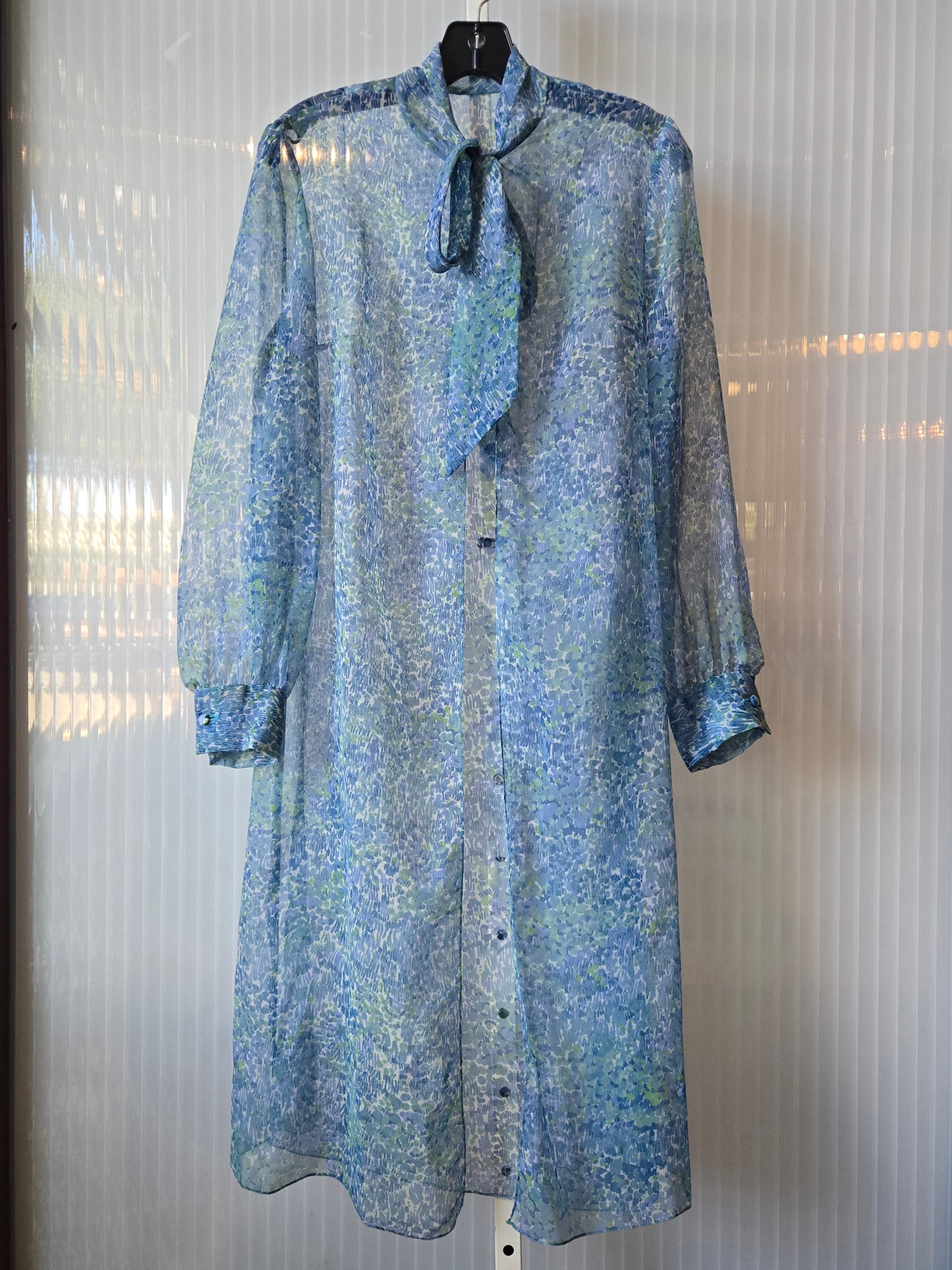 1970s Blue and Green Pussybow Dress Outerwear