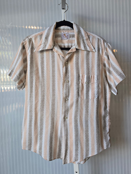 1970s Brown and Tan Floral Point Collar Button up