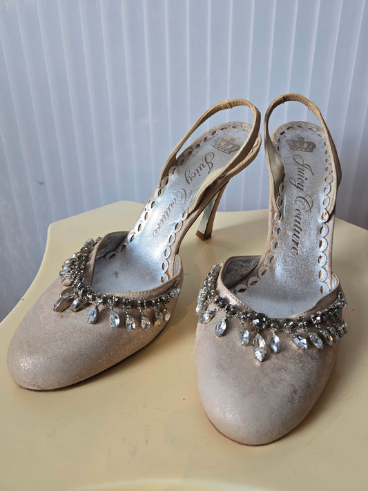 Y2K Juicy Couture Champagne Rhinestone Slingback Heels