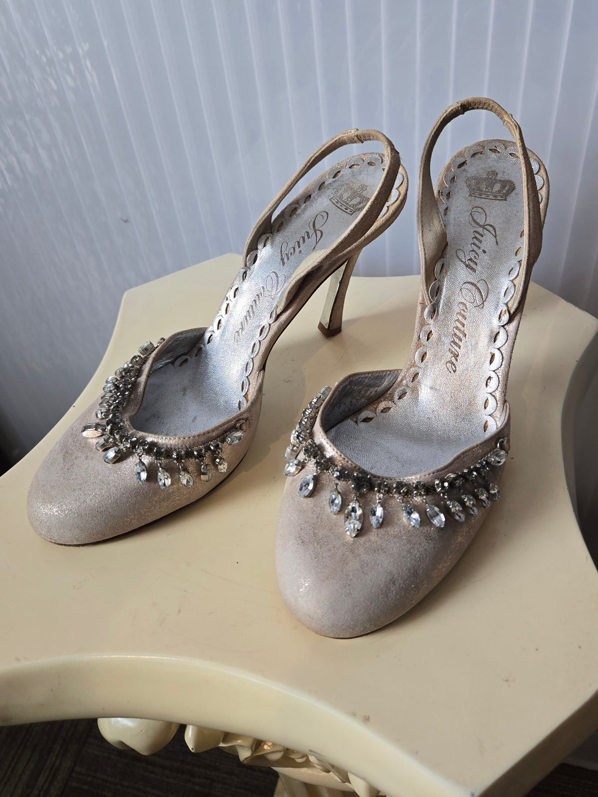 Y2K Juicy Couture Champagne Rhinestone Slingback Heels