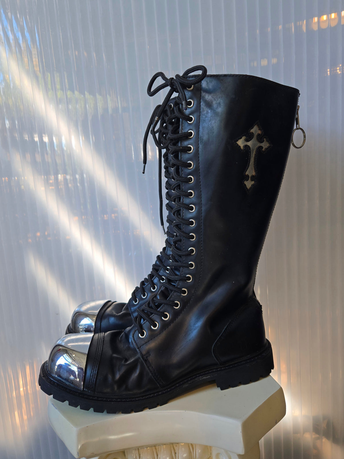 1990s Boodaz Black Silver Cross Combat boots