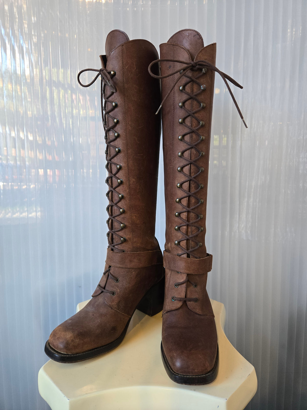 Charles David Lace-up Brown Knee High Leather Boots