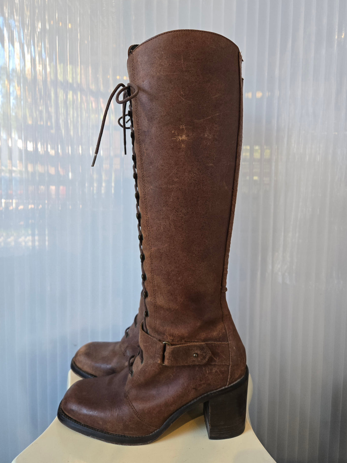 Charles David Lace-up Brown Knee High Leather Boots