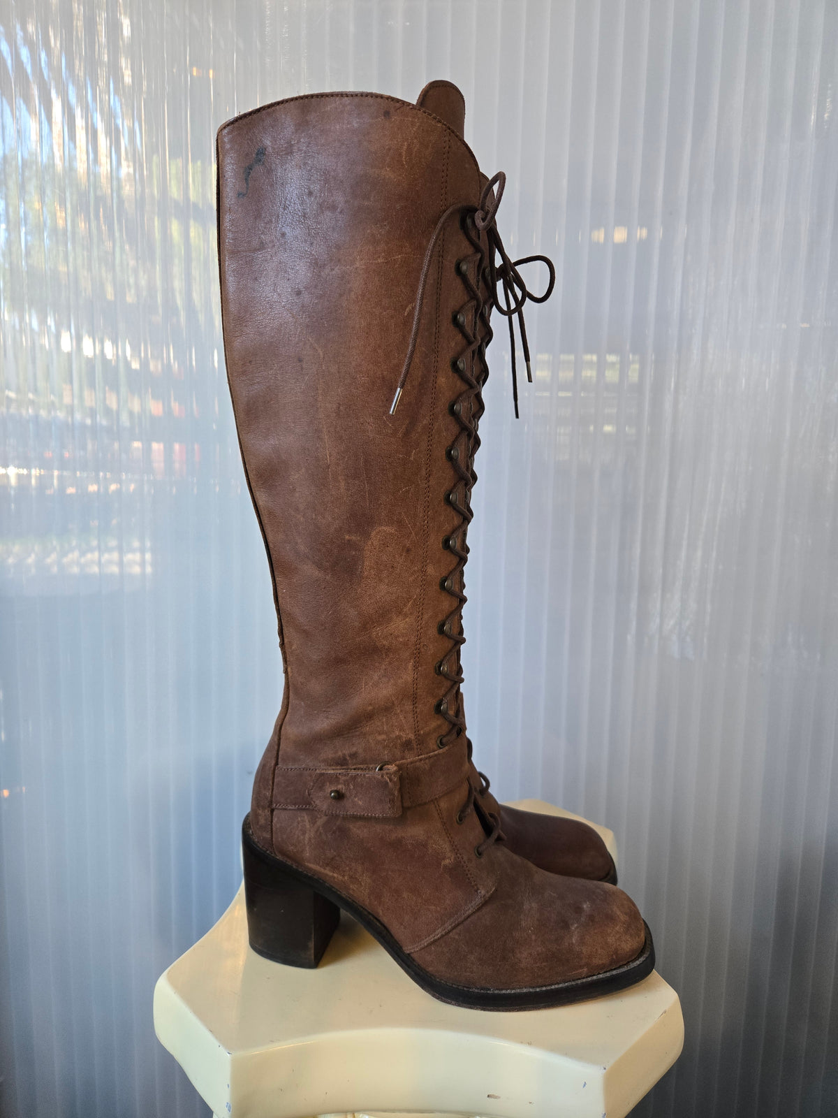 Charles David Lace-up Brown Knee High Leather Boots
