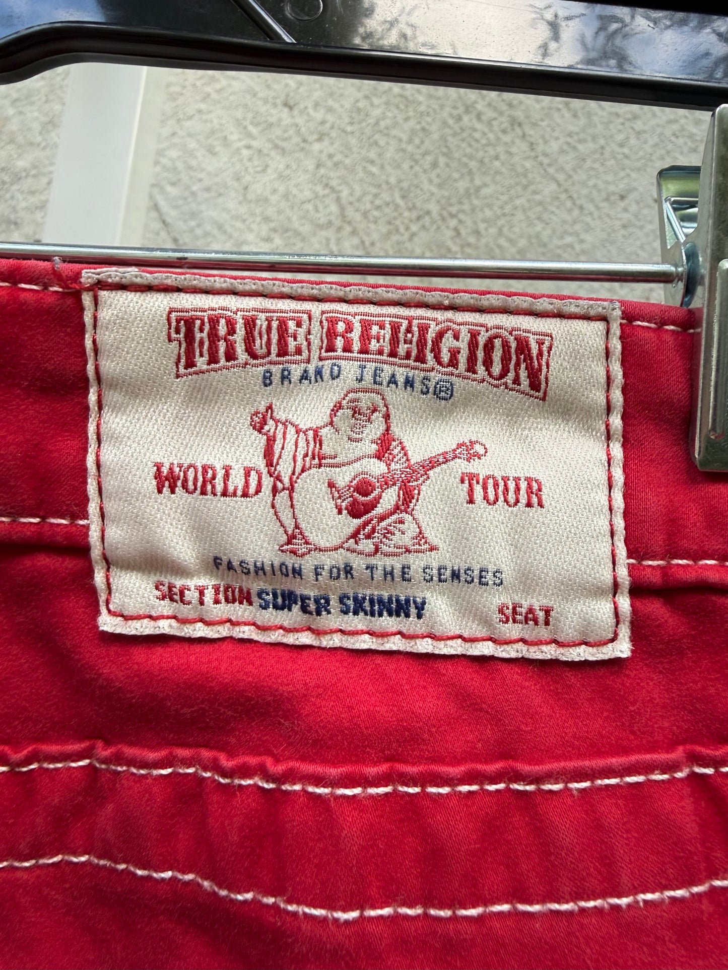 Y2K Cherry Red Skinny Jeans w/ White Stitching