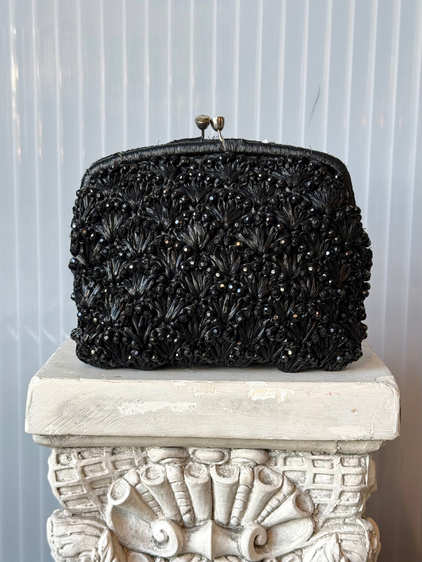 1950s Black Beaded Kiss Lock Purse