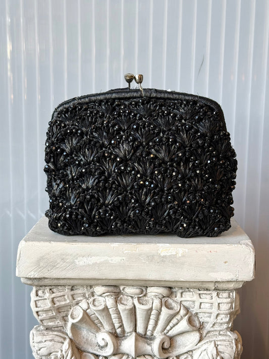 1950s Black Beaded Kiss Lock Purse