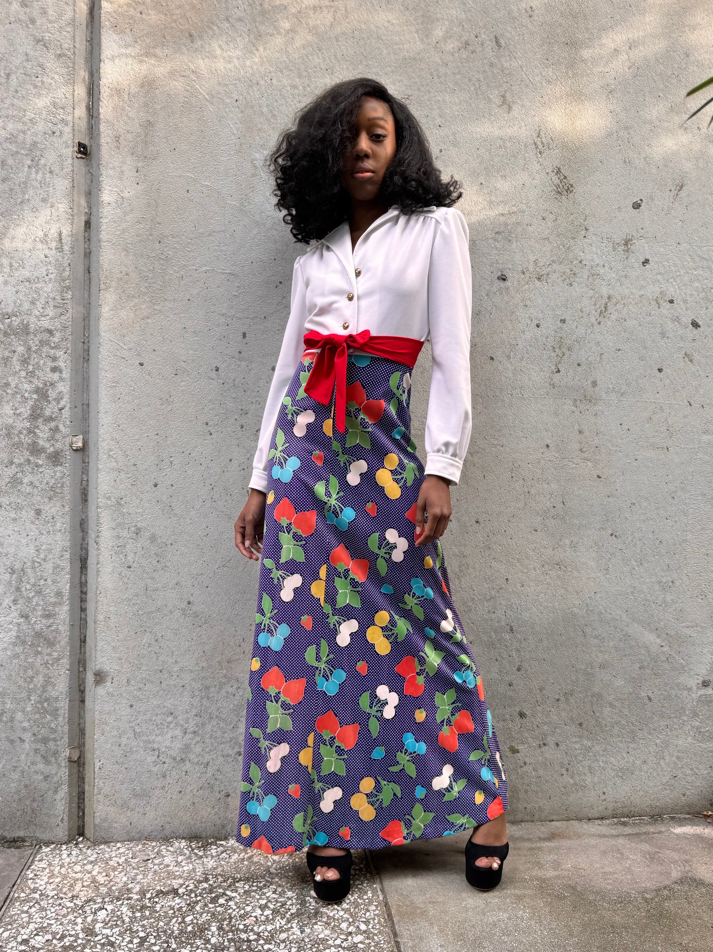 1970s White Purple & Red Maxi Dress