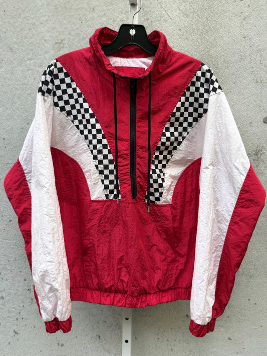Red & White Checker Print 1/4 Zip Windbreaker