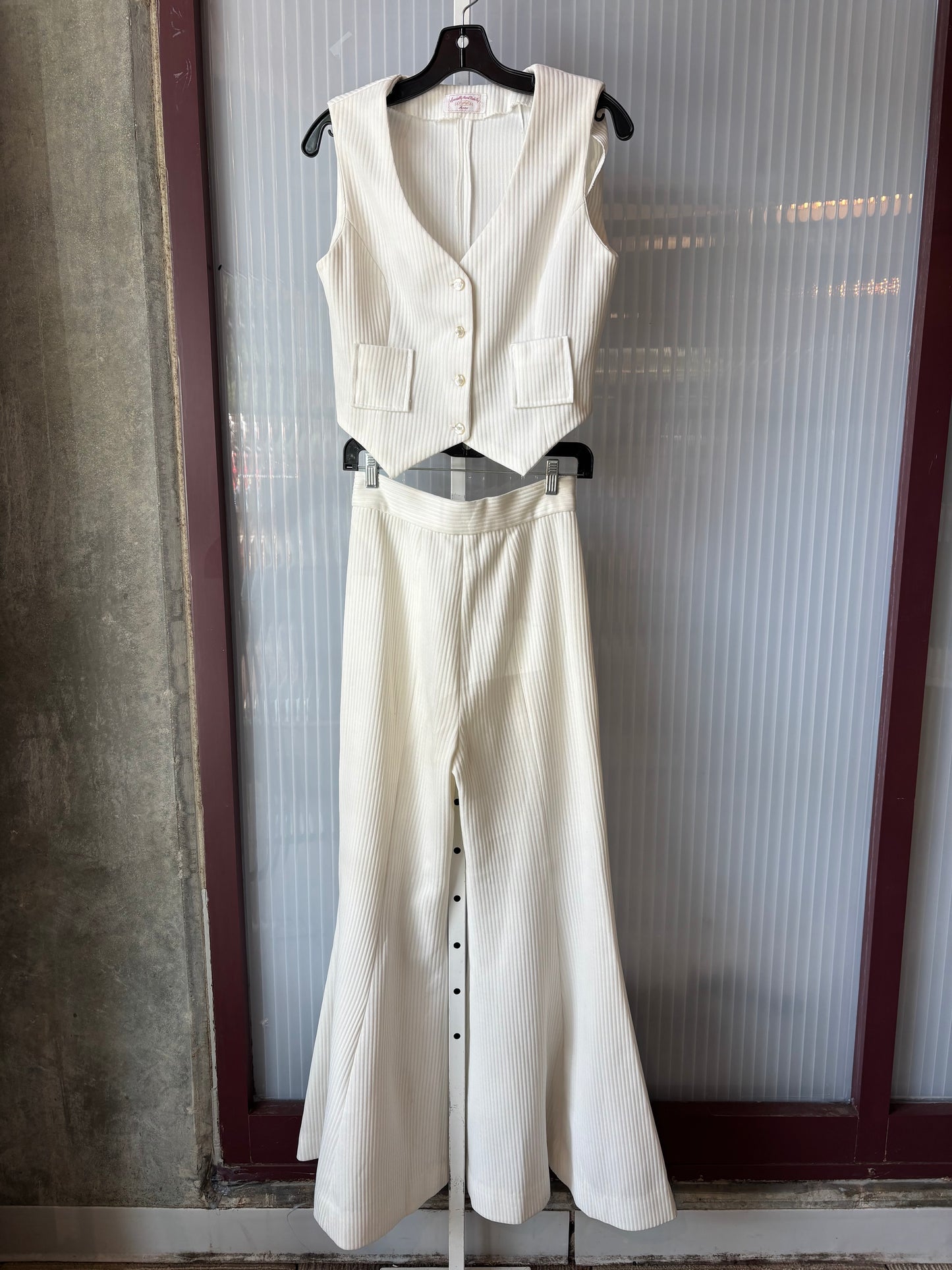 1970s White Ribbed Vest & Bellbottom Pants Set