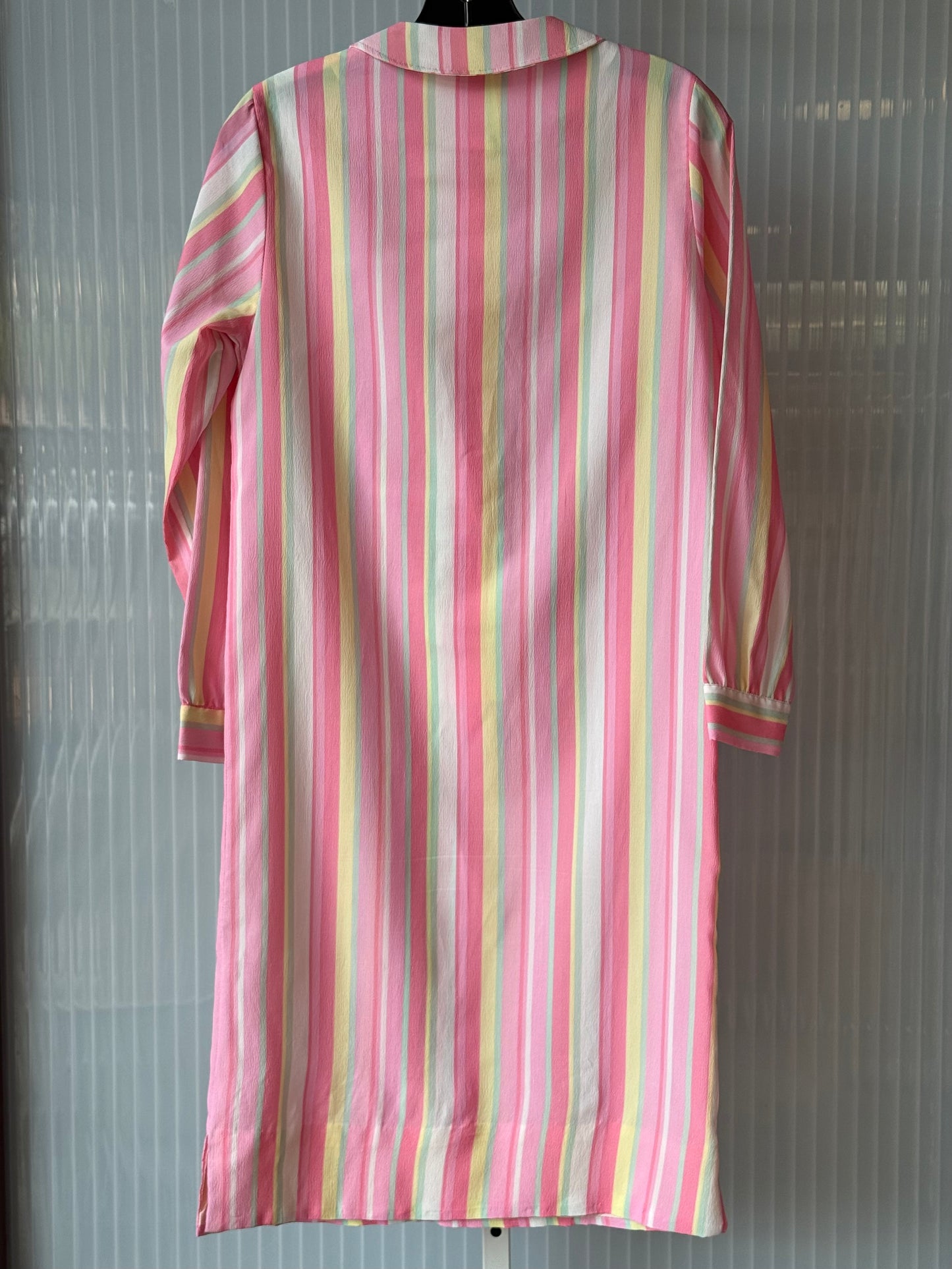 1960s Pastel Mod Striped Crepe 3/4 Button-Up Shift Dress