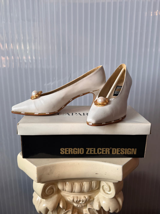 1980s White Leather Heels with Gold Shoe Clips