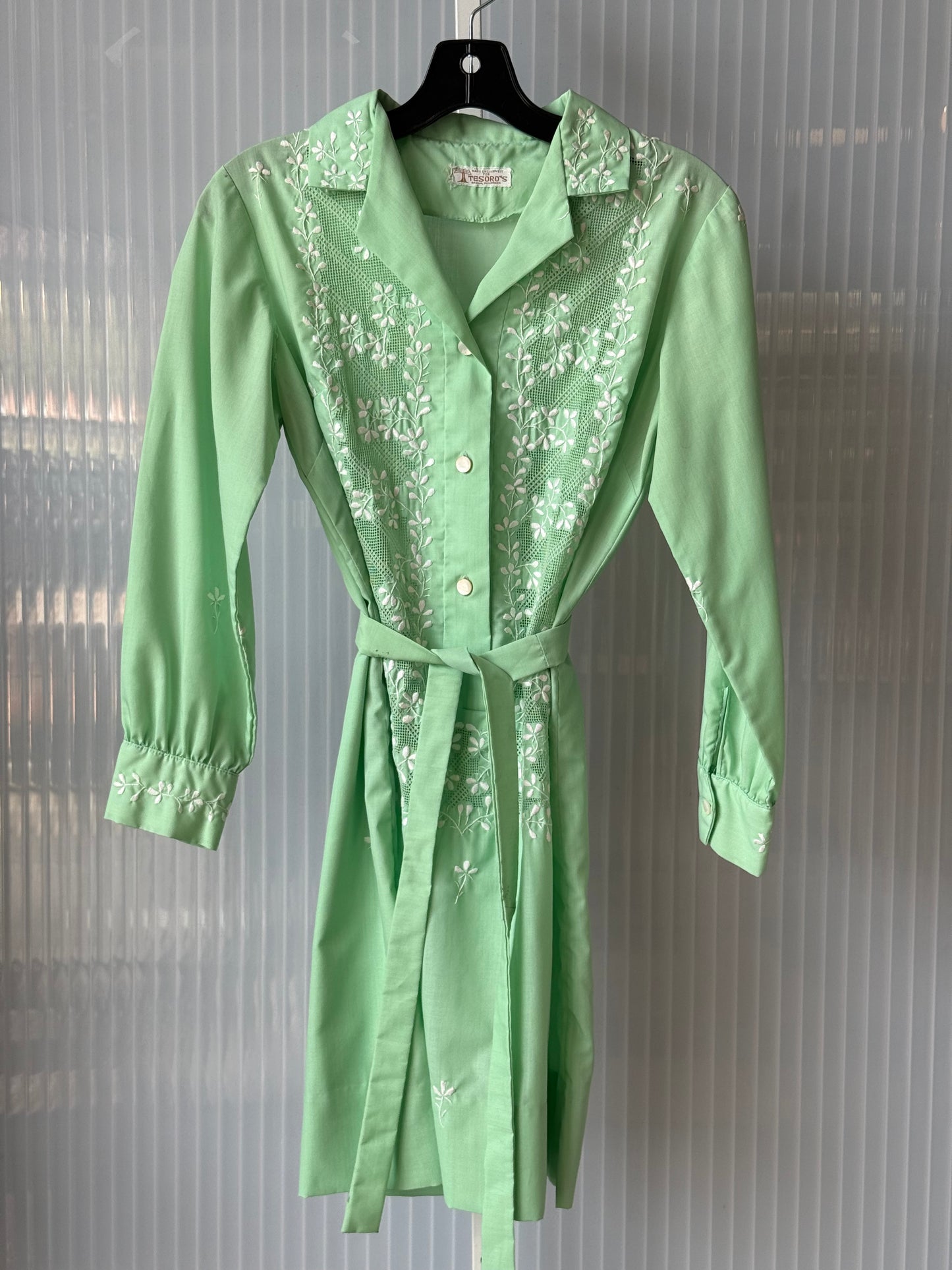 1960s Pale Green Embroidered Shirt Dress w/ Mesh & Sash