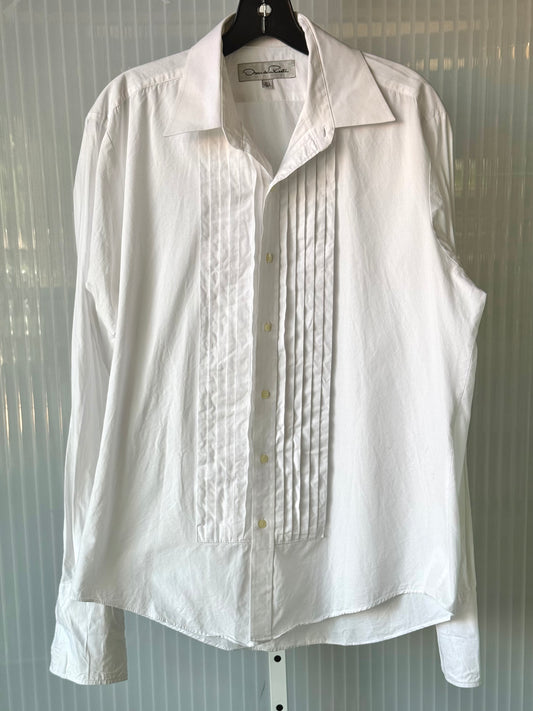 2000s White Oscar De La Renta Classic Pintuck Tuxedo Shirt