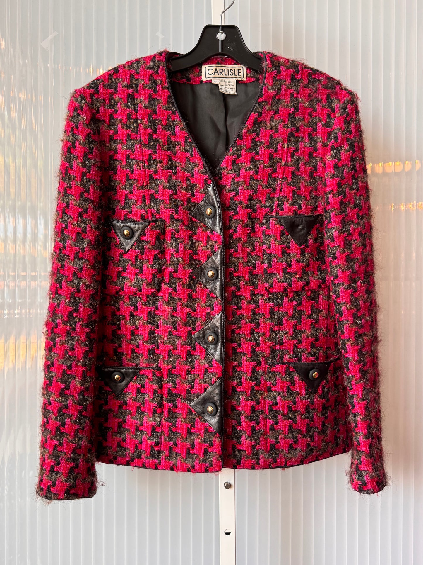 1980s Fuschia & Black Pinwheel Houndstooth Jacket & Skirt Suit Set