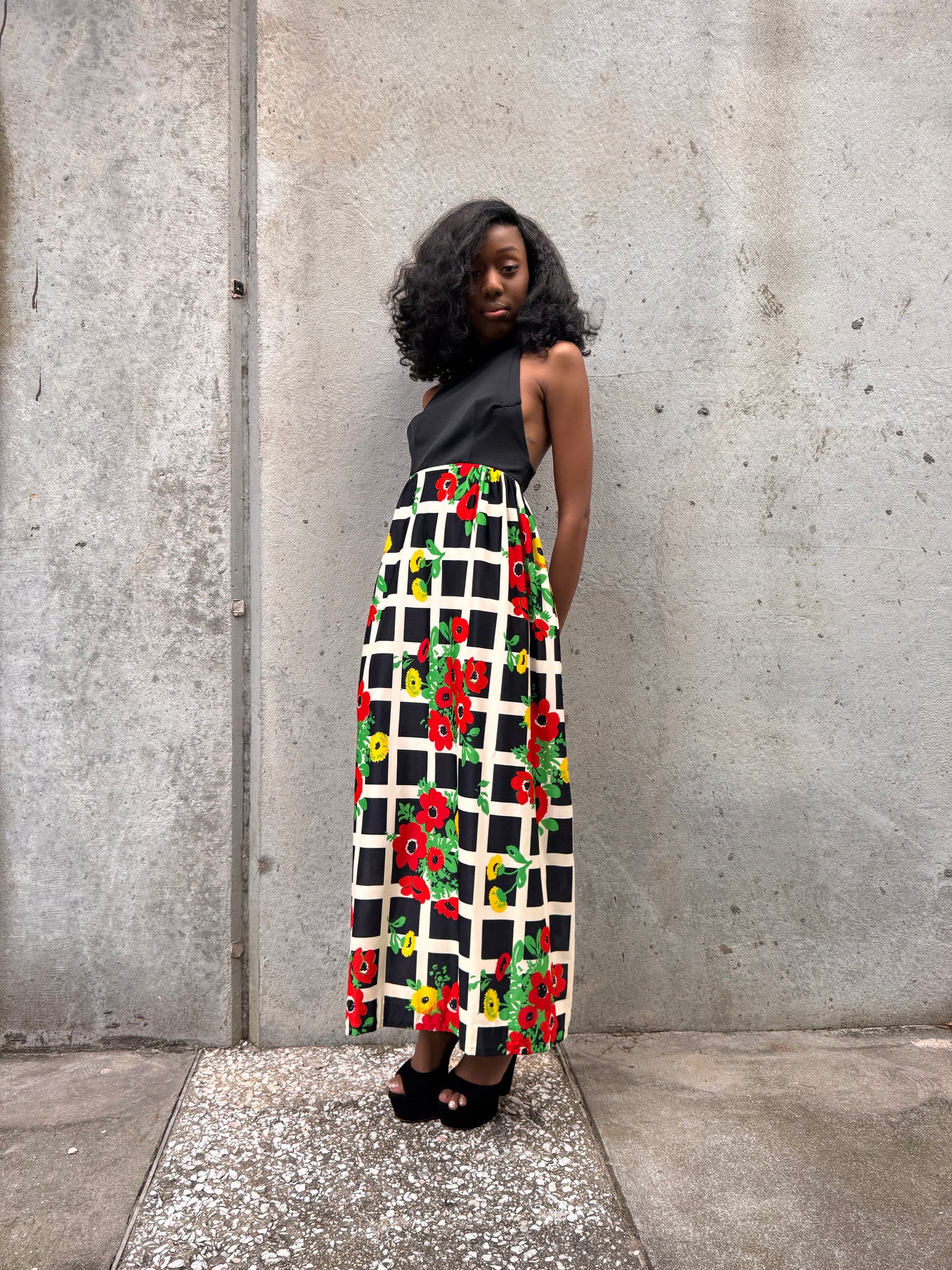1970s Black Red & Green Floral Halter-Like Dress
