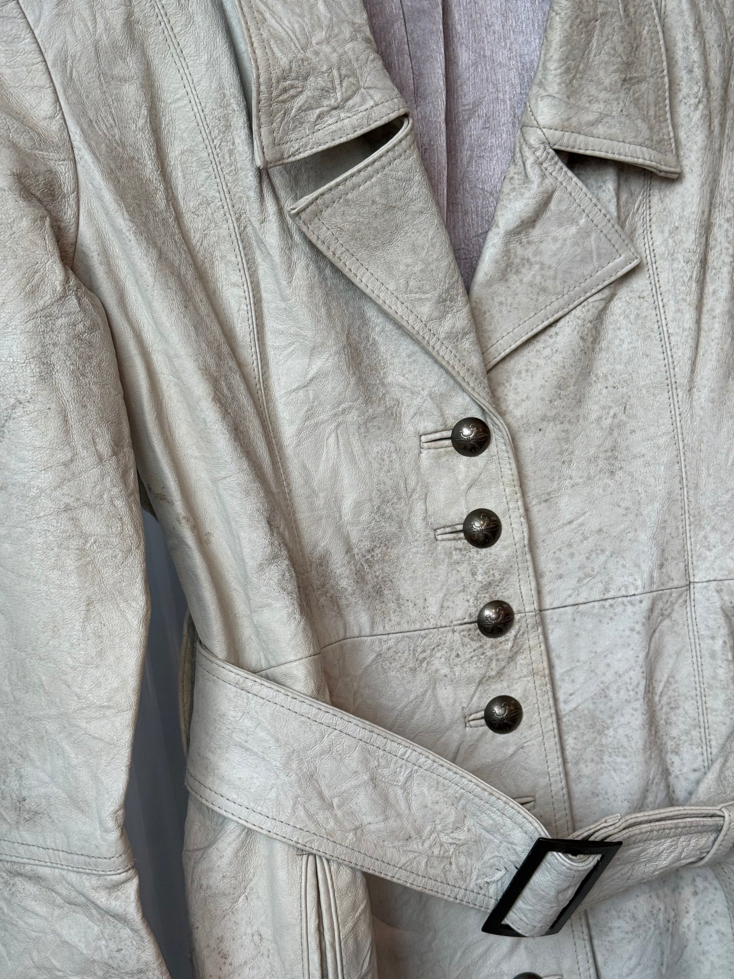 1970s Pale Grey Leather Trench Coat Dress w/ Metal Fleur de Le Buttons