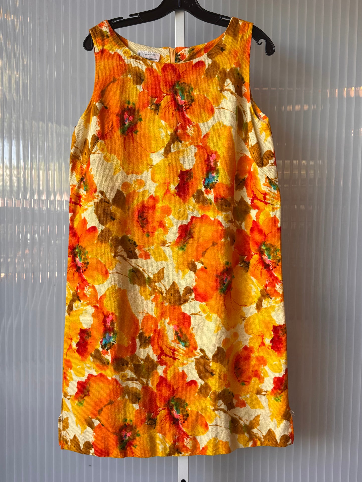 1960s Orange Watercolor Floral Canvas Shift Dress