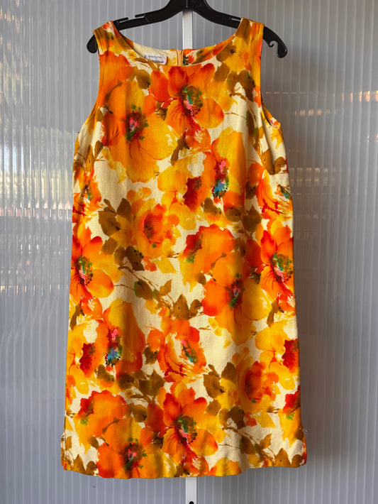 1960s Orange Watercolor Floral Canvas Shift Dress