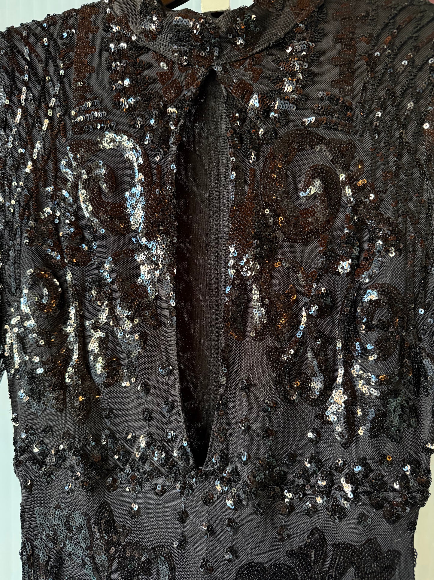1990s Black Sequin Bodycon Gown with Dramatic Drape Sleeves
