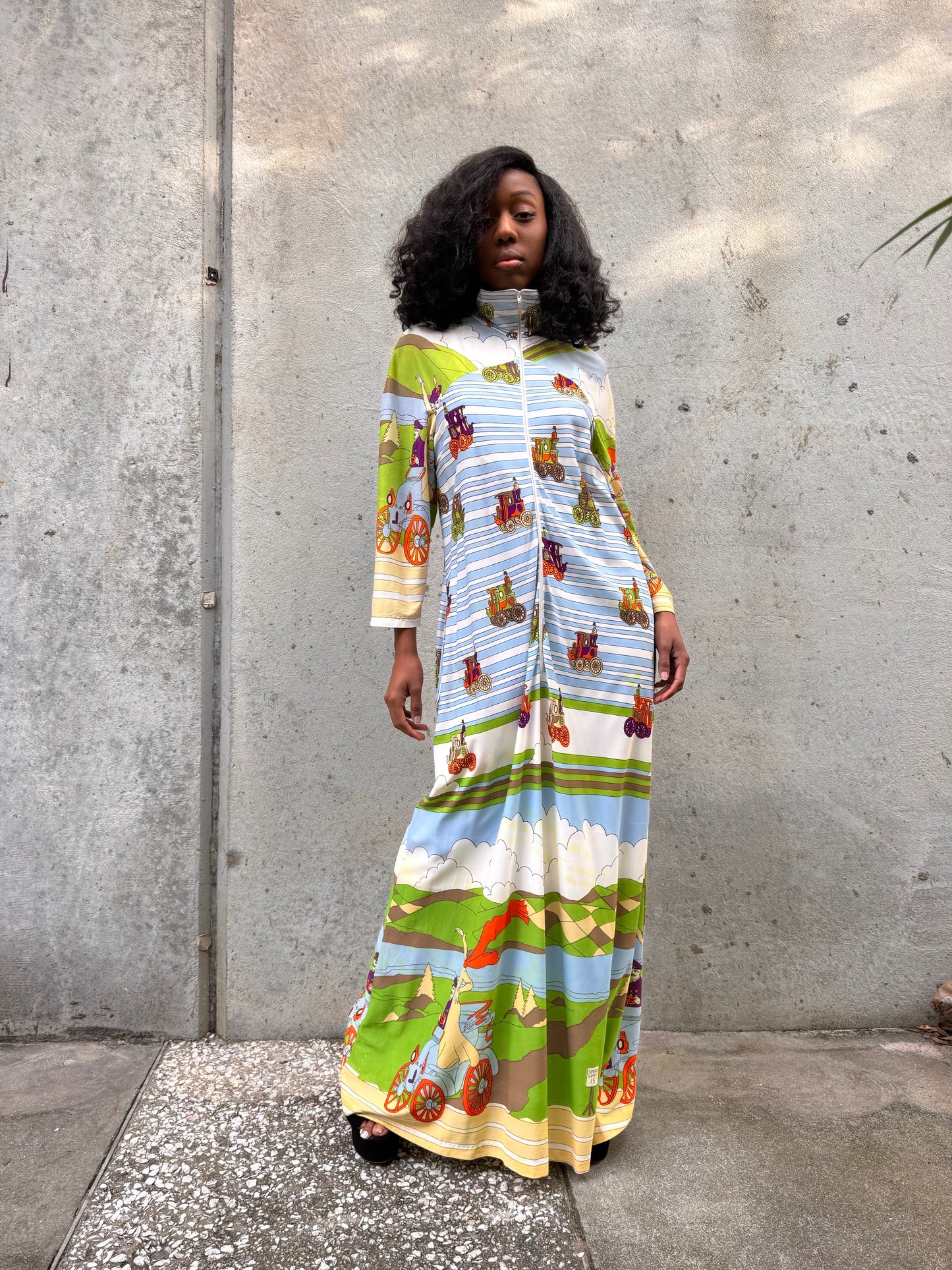 1970s Blue & Green Carriage Print Zip Dress