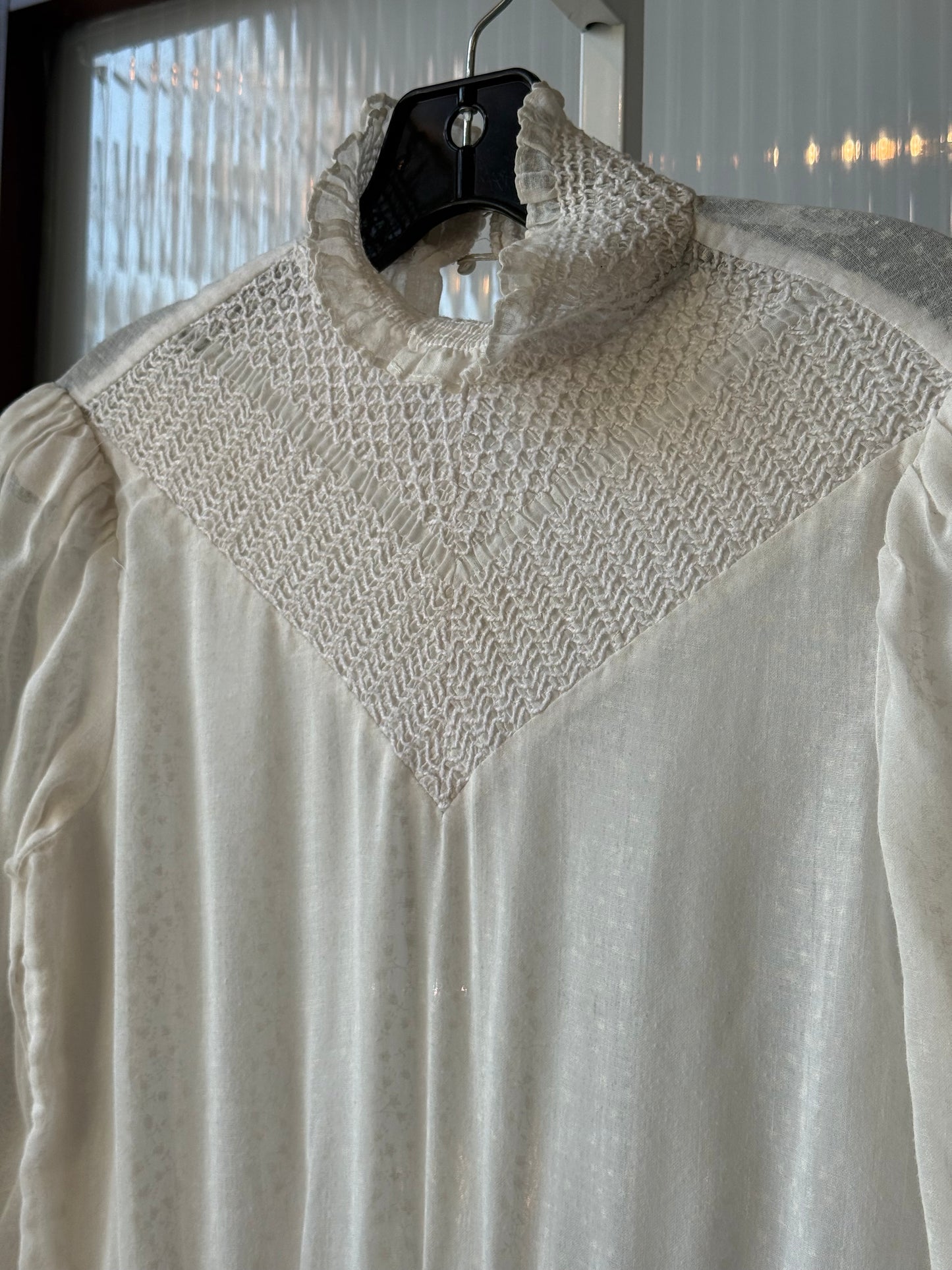 1980s Does Edwardian White Sheer Dress w/ Smocked Yolk & Ruffle Collar