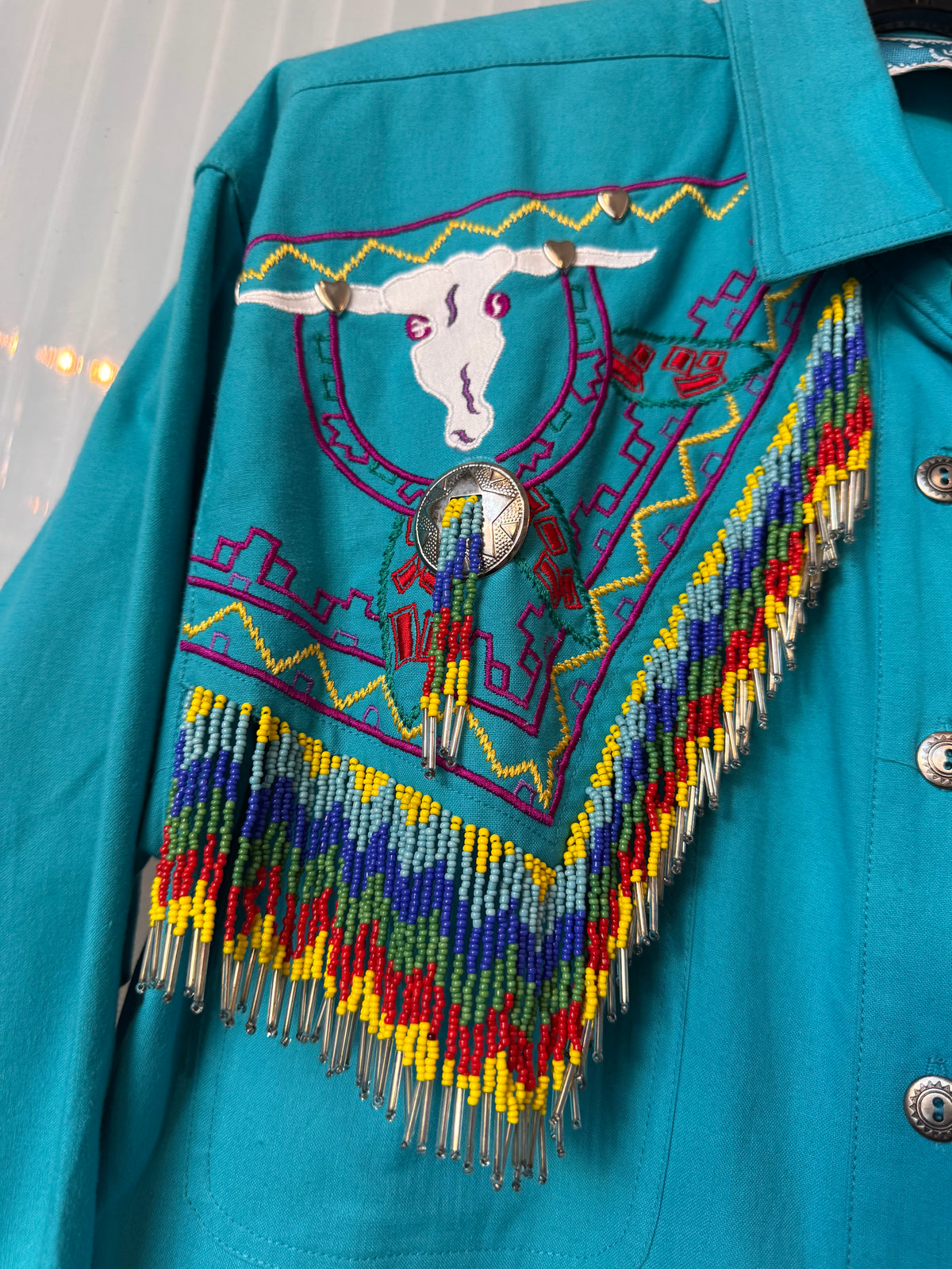 1990s Beaded Fringe Blue Western Button-Up Shirt