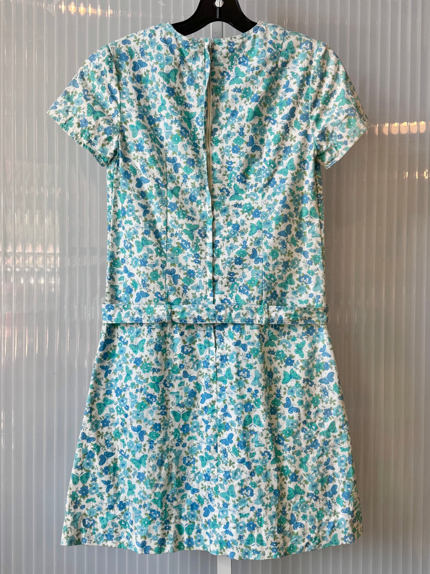 1960s Blue & White Butterfly Floral Shift Dress