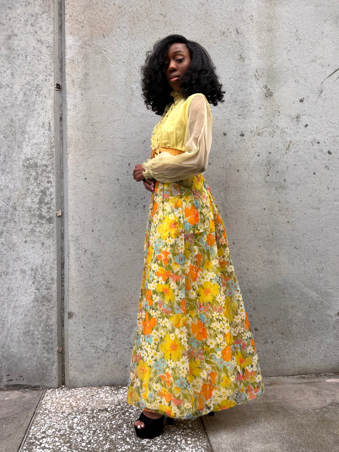 1970s Yellow Floral Empire Waist Maxi Dress