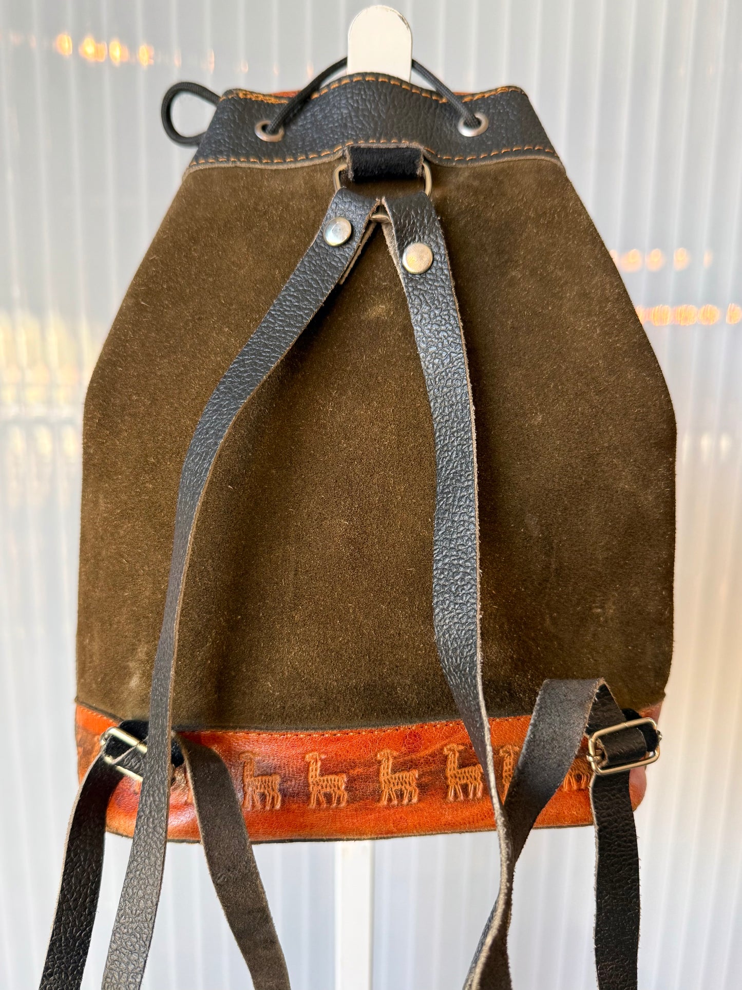 Suede & Tooled Leather Drawstring Backpack
