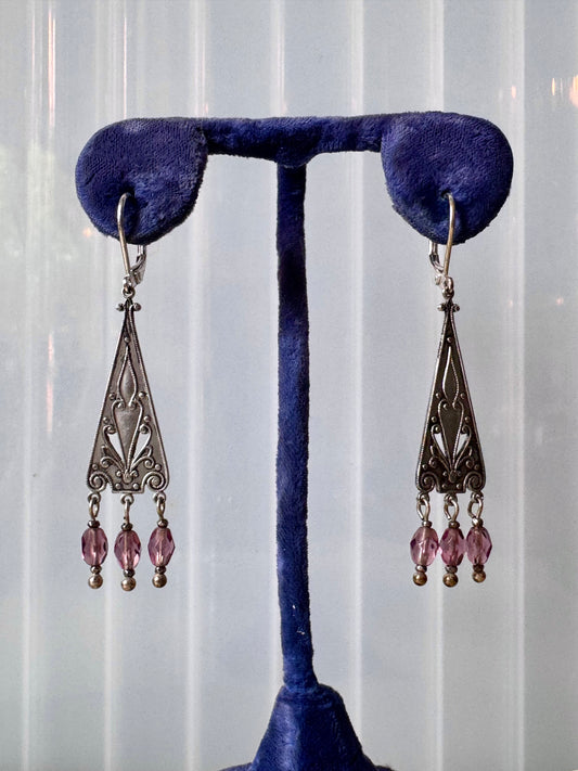 1980s does Art Nouveau Purple Czech Glass Silver Earrings
