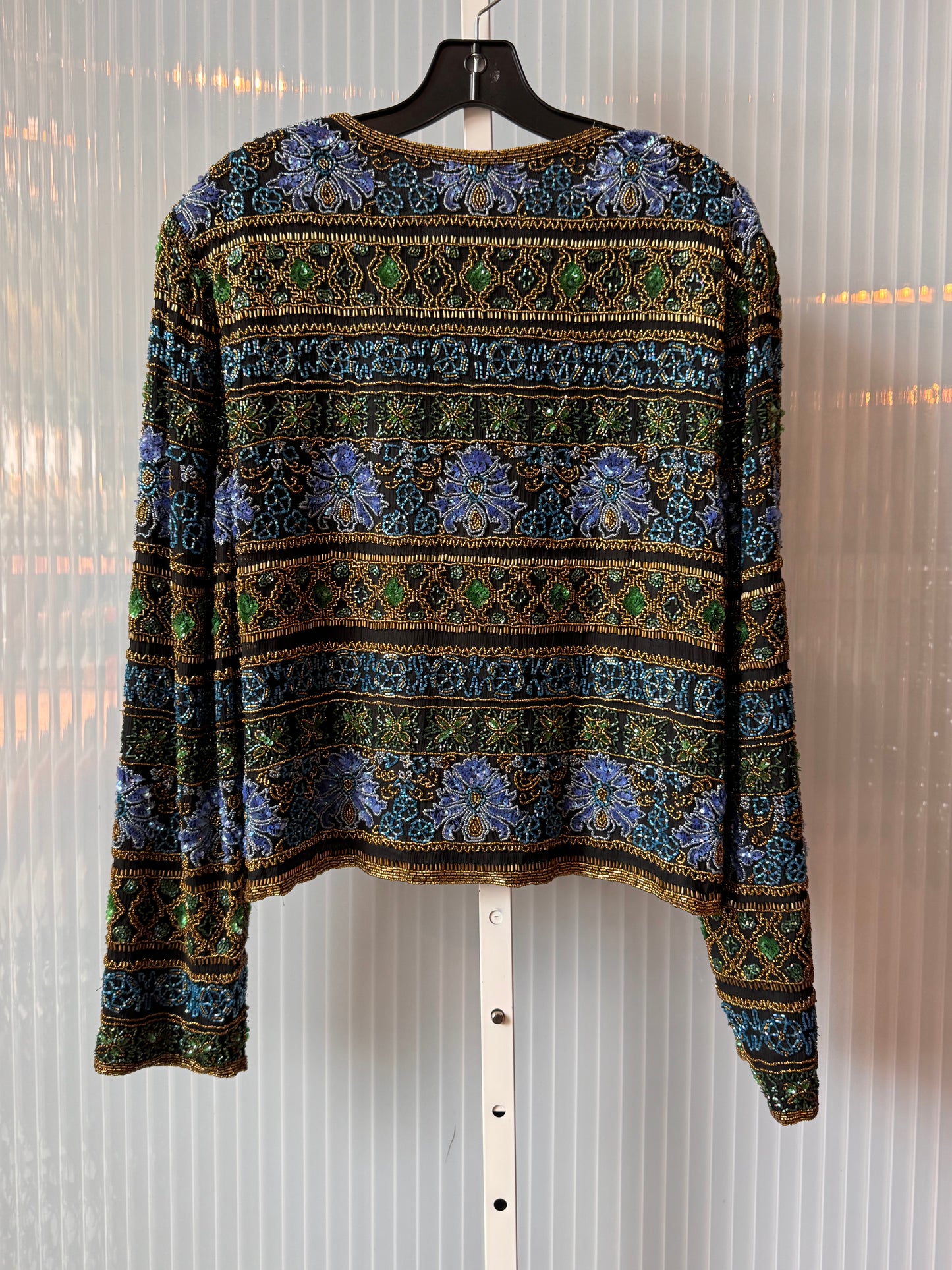 1990s Blue Gold & Green Floral Beaded Silk Evening Jacket