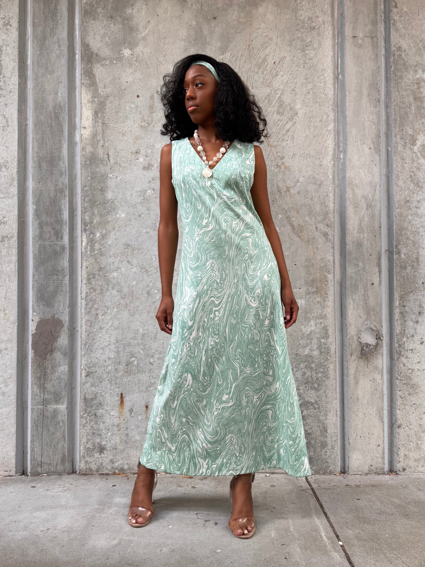 1970s Marbled Teal Dress & Wrap Jacket Set