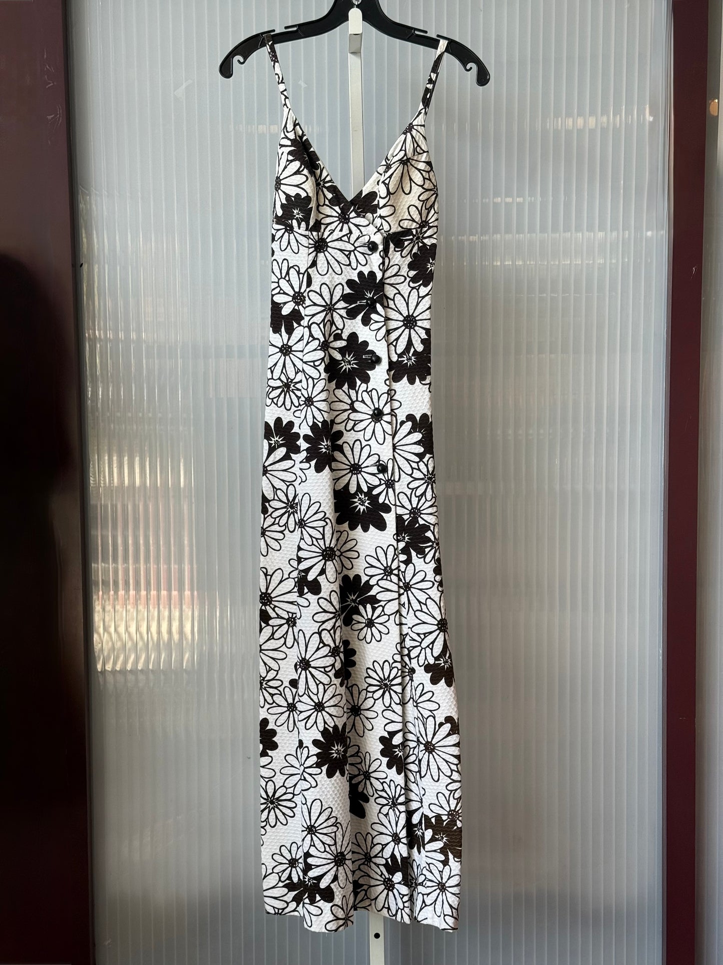 1960s Black & White Flower Power Textured Button-Front Dress